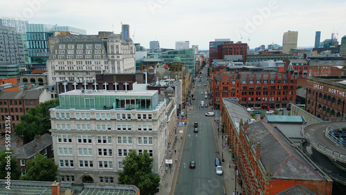 Fotografia Flight over famous Deansgate Street in the city of Manchester - drone photograph
