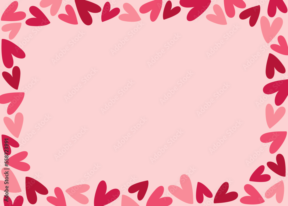 Horizontal frame with pink and red hearts on pink background. Hand drawn doodle style Horizontal frame with pink and red hearts on pink background. Hand drawn doodle style