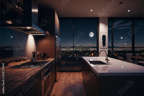 Luxury Penthouse at Night  Kitchen and Skyline Backgorund  Generative ai
