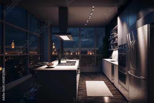 Luxury Penthouse at Night, Kitchen and Skyline Backgorund, Generative ai © Artofinnovation