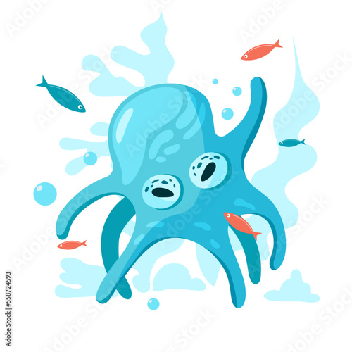 Blue octopus underwater. Cartoon style.