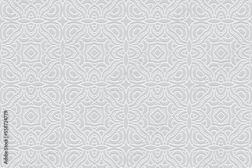Embossed white background, handmade elements, ethnic cover design. Press paper, boho style. Geometric tribal abstract 3d pattern. Traditions of the peoples of the East, Asia, India, Mexico, Aztecs