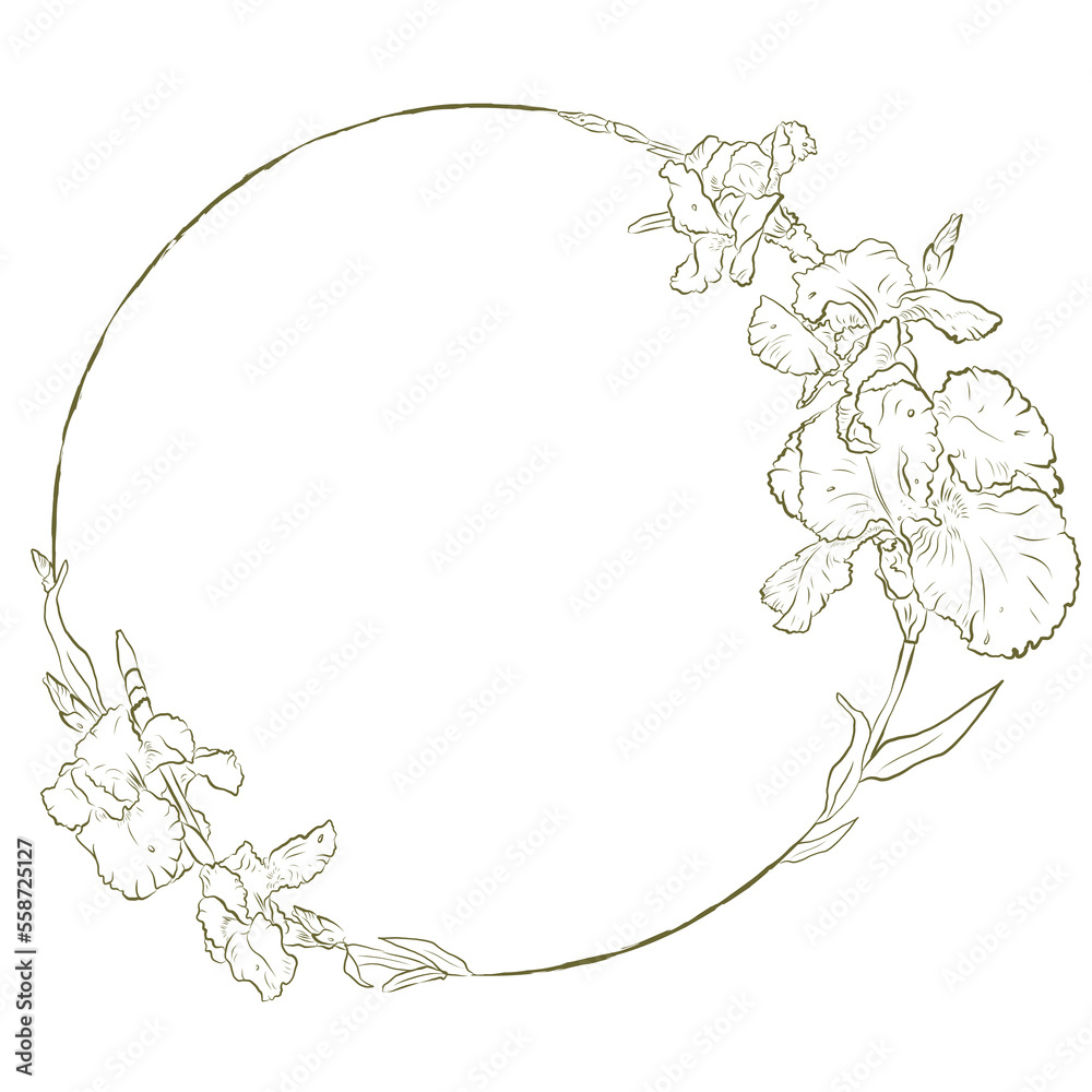 Vector romantic outline hand-drawn wreath of Irises flowers. Vintage mood. Maybe use for wallpaper, textile or card, wedding design.