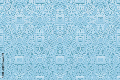 Embossed elegant background, handmade elements, ethnic cover design. Press paper, boho style. Geometric tribal 3d pattern. Traditions of the peoples of the East, Asia, India, Mexico, Aztecs, Peru.
