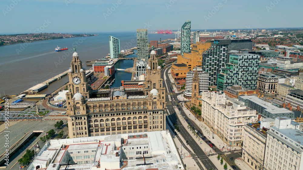 Obraz premium Flight over the city of Liverpool with the Three Graces - drone photography