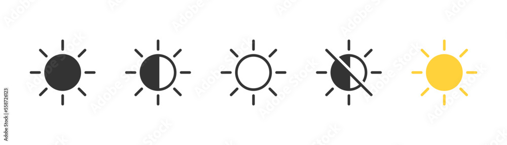 Brghtness control icon set on light background. Contrast level settings symbol. Brightness adjustment. UI element. Yellow sun sign. Outline, flat, and colored style. Flat design. Brghtness control icon set on light background. Contrast level settings symbol. Brightness adjustment. UI element. Yellow sun sign. Outline, flat, and colored style. Flat design.