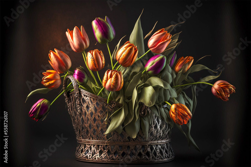 beautiful tulips bouquet on a dark background in a basket, generative ai