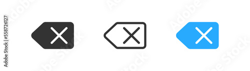 Backspace icon on light background. Blue delete keyboard key symbol. UI element. Outline, flat, and colored style. Flat design.