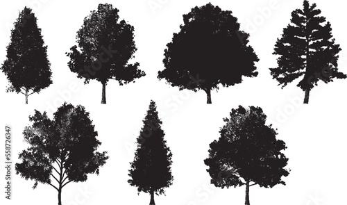 Set of tree silhouettes in dotwork style. For the forest or park background. Cedar, oak, robinia, maple black silhouettes.