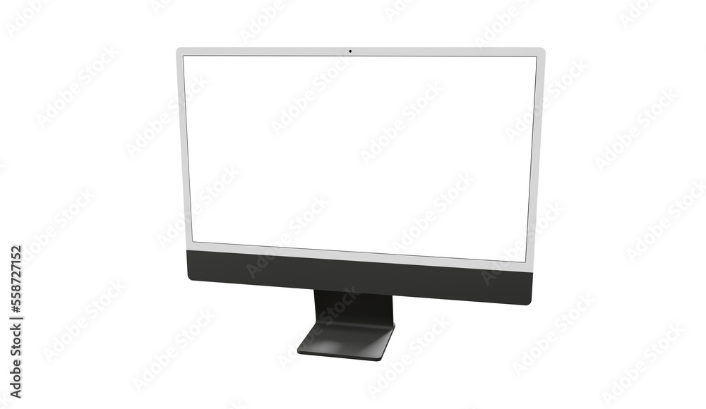 Realistic 3D Computer, with a white screen, isolated on a background