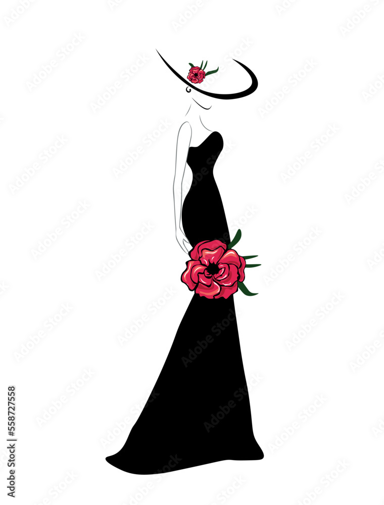 Fototapeta premium Luxurious woman silhouette in black dress, vector. Logo for beauty salons, stylish boutiques. Logotype with woman s silhouette., Girl. Fashion. Logo woman. Woman in the ball gown black silhouette.