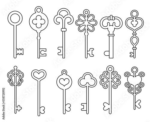 Ancient key set. Old antique keys. Vector line. Editable outline stroke.