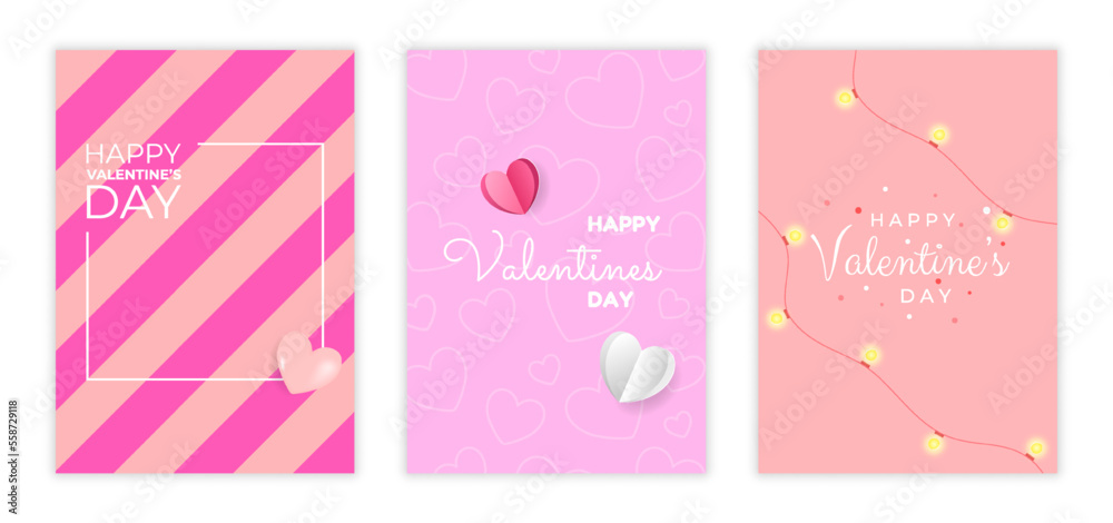 Valentines day poster set. Cover with realistic garland and heart. Romantic set vector backgrounds. Holiday banners, web poster, flyers and brochures, greeting cards, group bright covers