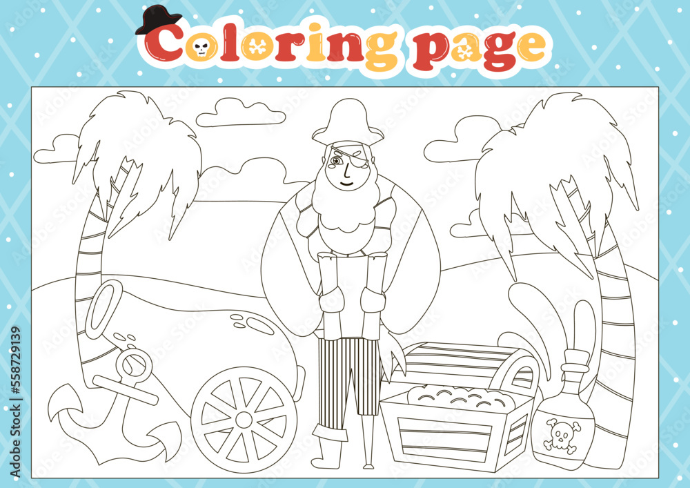 Sea themed coloring page for kids with cute pirate character holding map and chest with coins