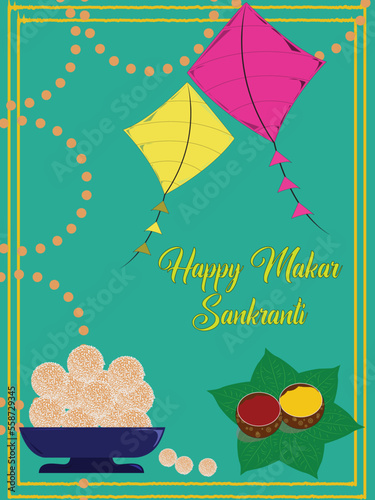 Vector of Happy Makar sankranti greeting card. minion yellow, pink pantone color kites, tilgud ladoo on royal blue dark container, sea green betel leaf and haldi kumkum decorated on keppel background. photo