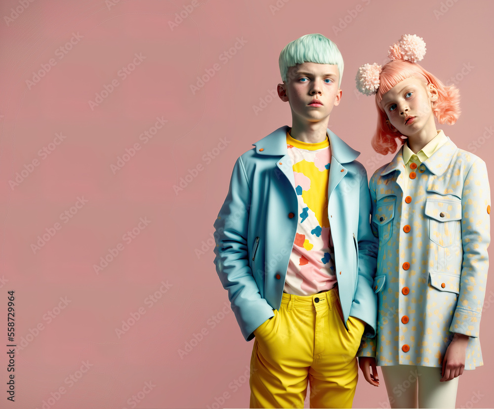 Two cute children, a boy and a girl, two teenagers laughing, having fun and posing together. Pastel background, youth and joy. Illustration. Generative AI. Two cute children, a boy and a girl, two teenagers laughing, having fun and posing together. Pastel background, youth and joy. Illustration. Generative AI.