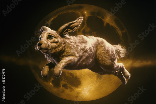 fantasy gold bunny rabbit flying full moon background,epic chinese happy new year, generative ai.