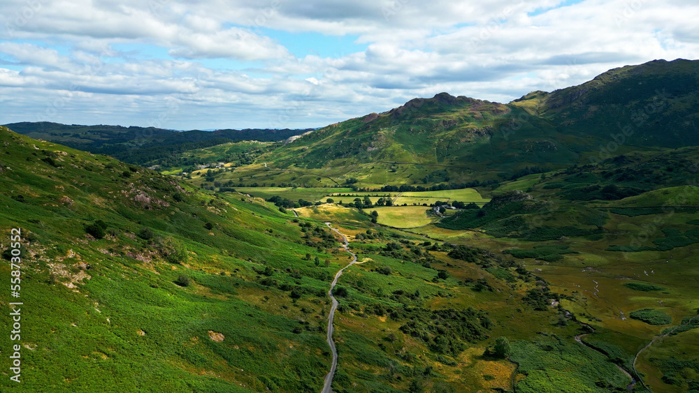 Amazing landscape of the Lake District National Park - Wrynose pass - drone photography