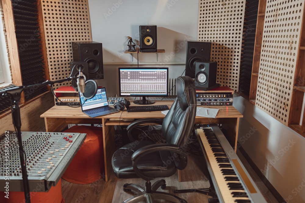 Interior of a soundproof room in a modern recording studio. Sound engineer  workplace for broadcasting Stock Photo | Adobe Stock