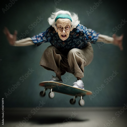 Seniorin auf dem Skateboard - Generative AI