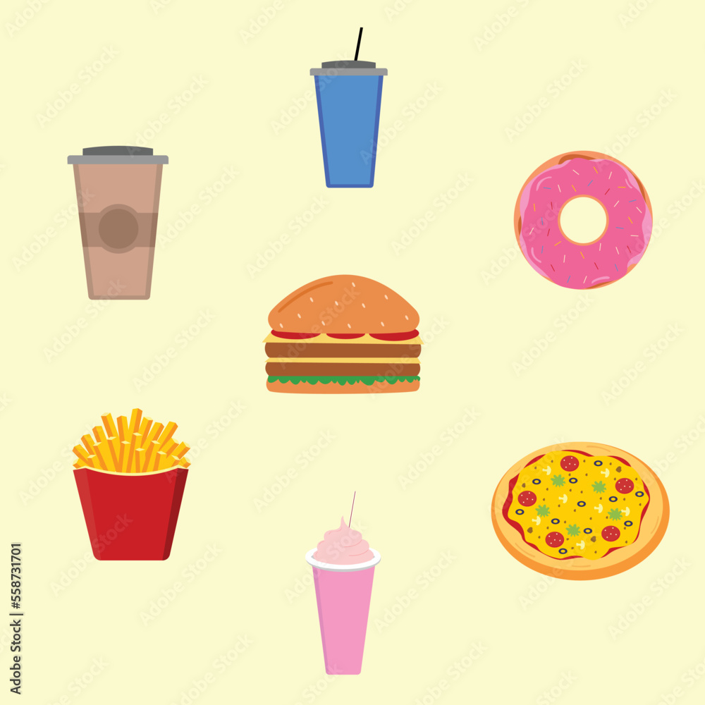 A vector of fast food and snacks:pizza, burger, donut, drinks, vanilla shake, french fries etc for menu. A vector of fast food and snacks:pizza, burger, donut, drinks, vanilla shake, french fries etc for menu.