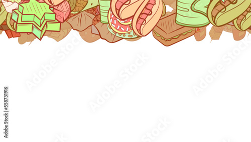 Background pattern abstract design texture. American food and Snacks. Horizontal seamless stripe. Border frame, transparent background. Theme is about sweet, basket, dough, crab meat, stuffed cabbage