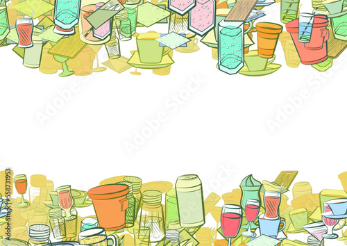 Background pattern abstract design texture. Drinks and Table setting. Horizontal seamless stripes. Border frame, transparent background. Theme is about figured glass, Martini, cloth napkin