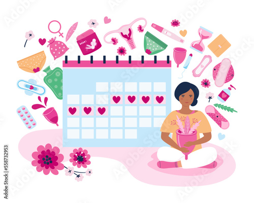Woman and period calendar. Female check dates of menstruation cycle. Calendar schedule for critical days and hygiene products vector concept. Female menstrual calendar. Flat vector illustration
