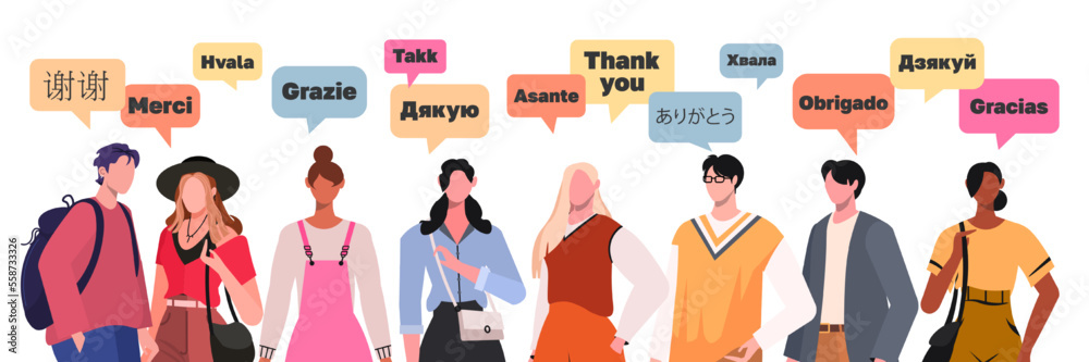 Portrait group of multiethnic people speaking. Speech bubbles with text Thank You in various international languages. International Thank You Day.