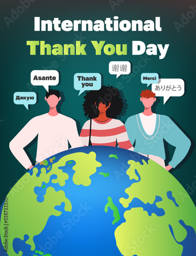 Multinational young people chatting with dialogue speech bubbles. People around the world celebrate global holiday International Thank You Day. Flat vector illustration isolated on green background.