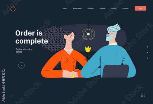 Order is complete - Online shopping and electronic commerce series - modern flat vector concept illustration of a couple sitting in the restaurant. Promotion, discounts, sale and online orders concept