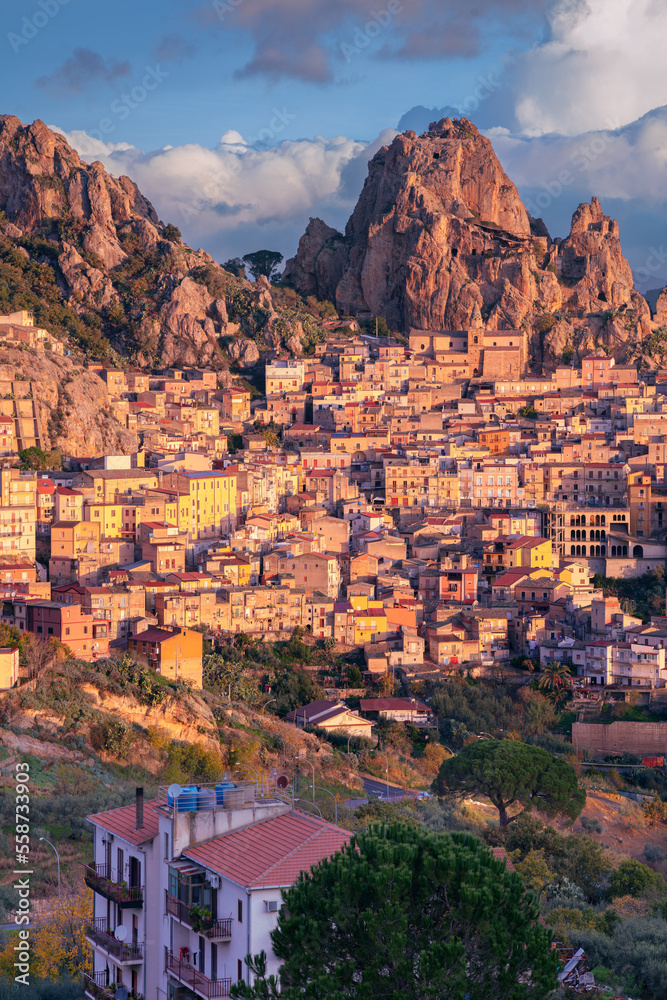 Gagliano Castelferrato, Sicily, Italy. Aerial cityscape image if historic town Gagliano Castelferrato in Sicily at dramatic sunrise.