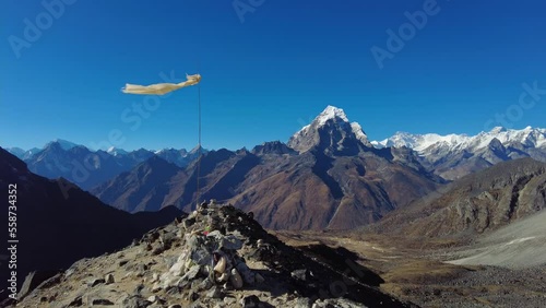 Ama Dablam, Nepal: Stunning 360 degrees panorama of the Ama Dablam base camp and peak and Mt Taboche in the Himalayas mountain in Nepal on a sunny winter day photo