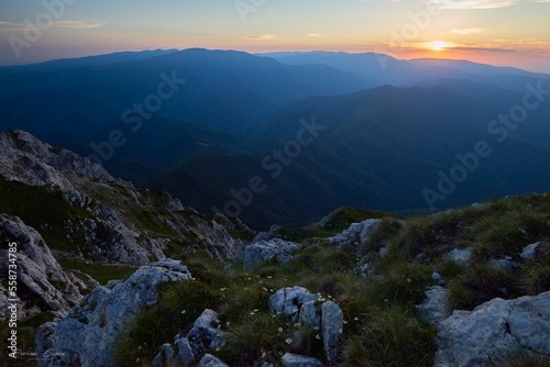 Sunset over mountains. Piatra Craiului mountains, Romania
