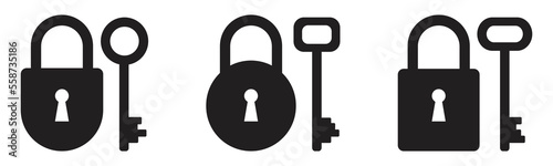 Padlocks and keys. Silhouettes of locks and keys in different forms.