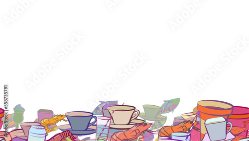 Background pattern abstract design texture. Drinks and Seafood. Horizontal seamless stripe. Border frame, transparent background. Theme is about lemon, nautical, lobster, sea, squid, cola