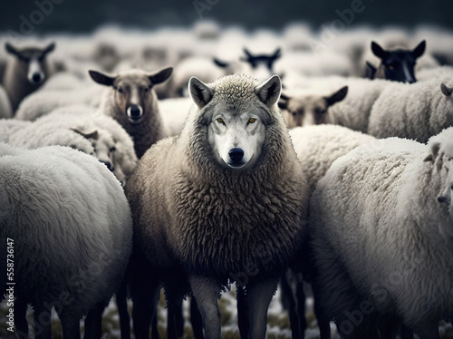 Obraz na płótnie Wolf between sheeps , GEnerative AI illustration
