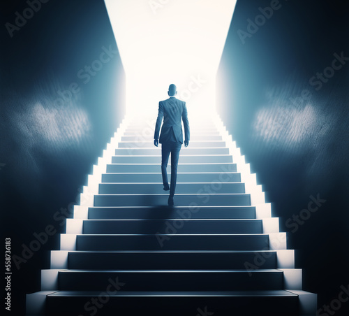 Success concept, Pathway of opportunity. Back view of businessman exiting concrete room with stairs to enter open door with bright city view , GEnerative AI illustration © IBEX.Media