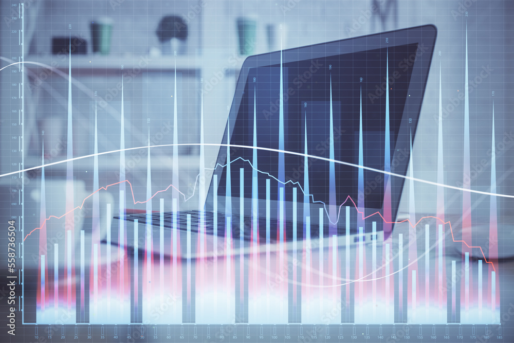 Stock market graph on background with desk and personal computer. Double exposure. Concept of financial analysis. Stock market graph on background with desk and personal computer. Double exposure. Concept of financial analysis.