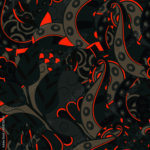 Tracery seamless pattern. Mehndi design. Dark sharp colors. 7 colors. Ethnic doodle texture. Curved doodling background. Vector