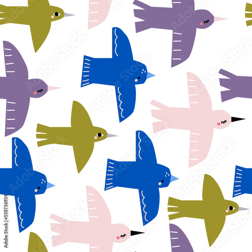 Flock of flying birds seamless pattern. Cartoon spring print. Vector hand drawn illustration.