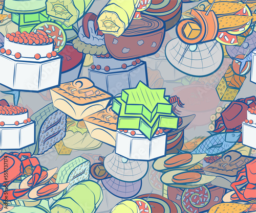 Background pattern abstract design texture. Seamless. Seafood and Snacks. Theme is about filling, shell, tentacle, star, wand, onigiri, cherry, lettuce leaf, lobster, slice, strung up, sugar