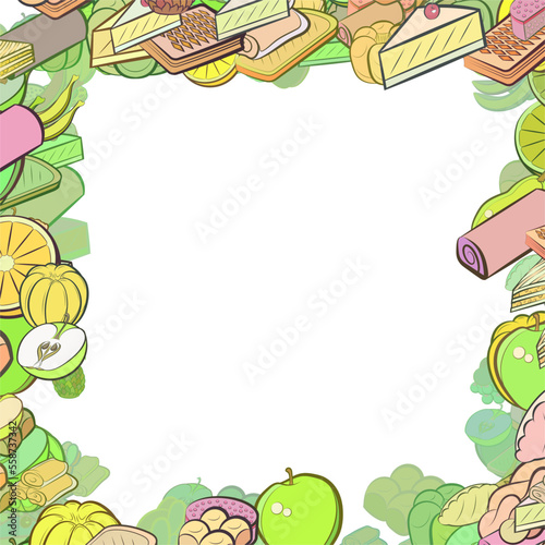 Background pattern abstract design texture. Fruits and Bakery products. Border frame, transparent background. Theme is about pancakes, strudel, two-layer, sennit, sandwich, cake, grapes