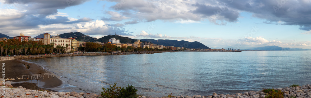 Touristic City by the Sea. Salerno, Italy. Cityscape and mountains background. Panorama