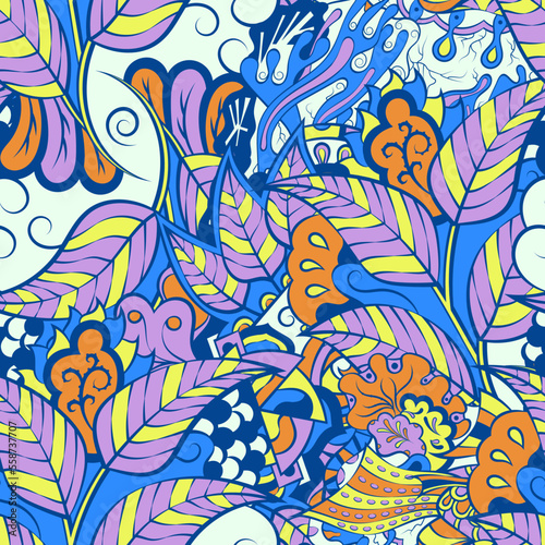 Tracery seamless pattern. Mehndi design. 6 colors. Ethnic doodle texture. Curved doodling background. Vector