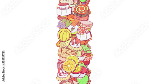 Background pattern abstract design texture. Fruits and Snacks. Vertical seamless stripe. Border frame, transparent background. Theme is about sweet, liquids, whole, sweetness, sandwich, lettuce leaf