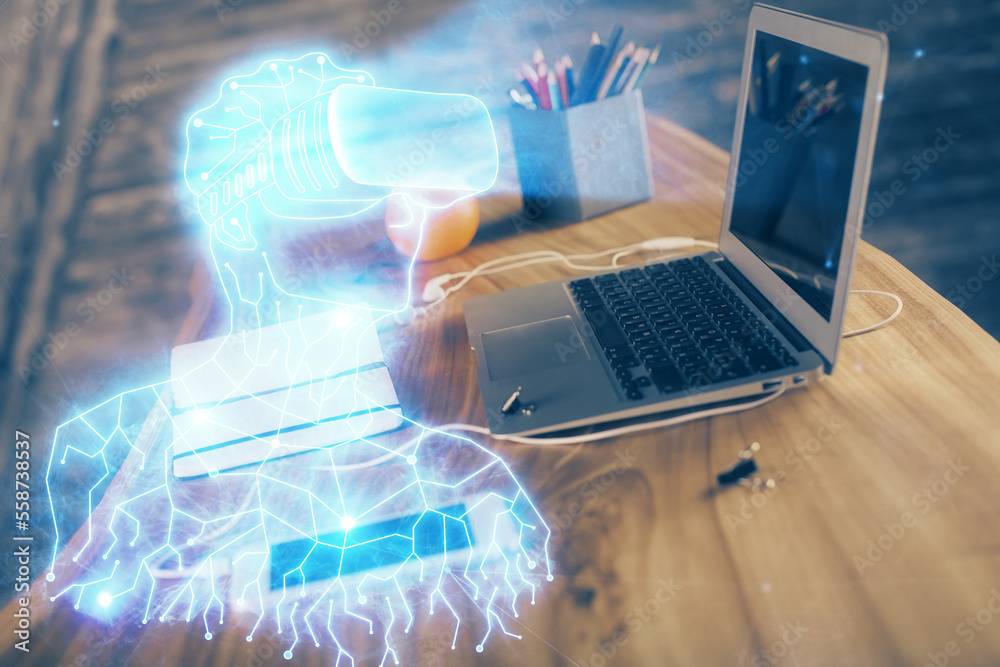 Computer on desktop with AR theme icon. Multi exposure. Concept of augmented reality.