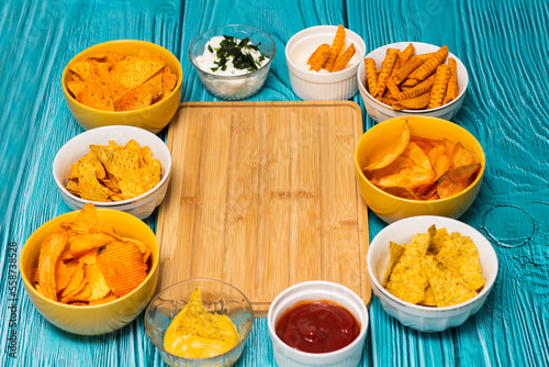 Salty snacks assortment with copy space