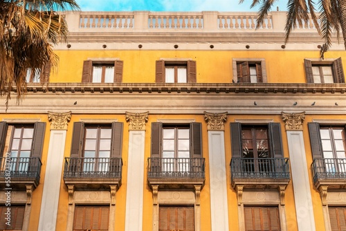 Barcelona, Spain-December 7, 2022. plaza Real, plaça Reial. It is a rectangular square in Barcelona, Gothic Quarter and adjoins the Rambla, designed by the architect Francisco Daniel Molina, 1850.