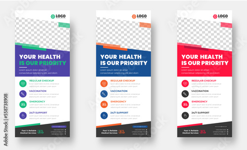 medical doctor healthcare modern rack card and dl flyer. medical doctor healthcare roll up banner design template with blue, green, yellow and red color.